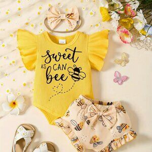 2pcs Summer Letter Printed Jumpsuit &  Shorts | Headband 9-12 months